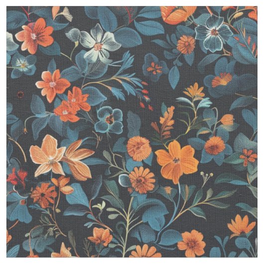 Mitternachtsblut: Orange und Blue Floral Symphony Stoff (Nahaufnahme)