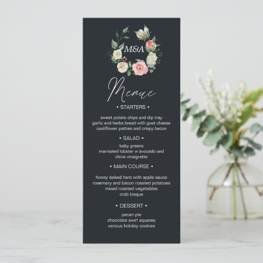 Mitternachtsblüte Blütenblüte Hochzeitsessen Menü Einladung (Stehend Vorderseite)