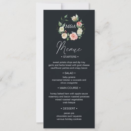 Mitternachtsblüte Blütenblüte Hochzeitsessen Menü Einladung (Vorderseite)