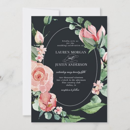 Mitternachtsblüte elegante blumengeschmückte Hochz Einladung (Vorderseite)