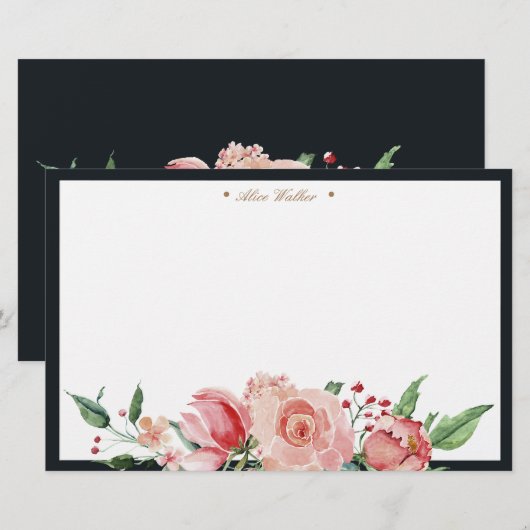 Mitternachtsblüte florale elegante Monogramm Briefpapier (Vorne/Hinten)