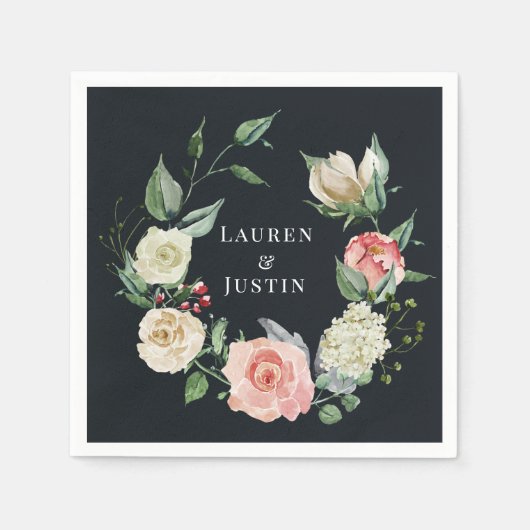 Mitternachtsblüten-Blumen-Monogramm-Papier-Serviet Serviette (Vorderseite)