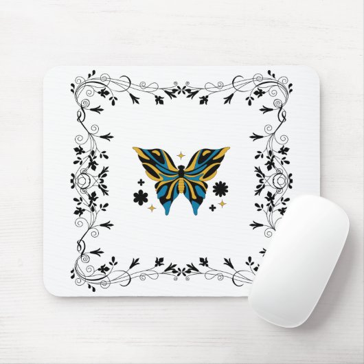 Mitternachtsflattern – Dunkles florales Schmetterl Mousepad (Mit Mouse)