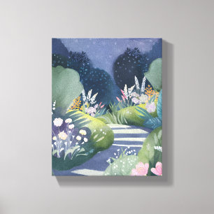 Mitternachtsgarten   Wasserfarben-Blumenpfad Leinwanddruck