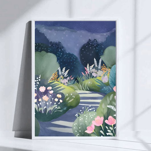 Mitternachtsgarten | Wasserfarben-Blumenpfad Poster
