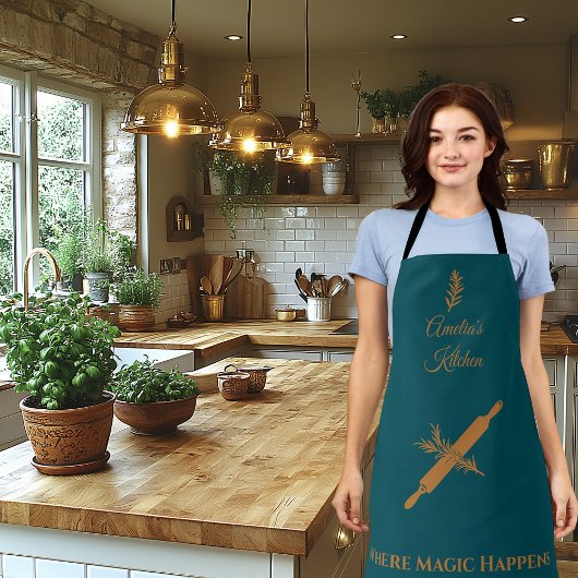 Mitternachtsgrün mit Button und Kraut mit Kupferwa Schürze