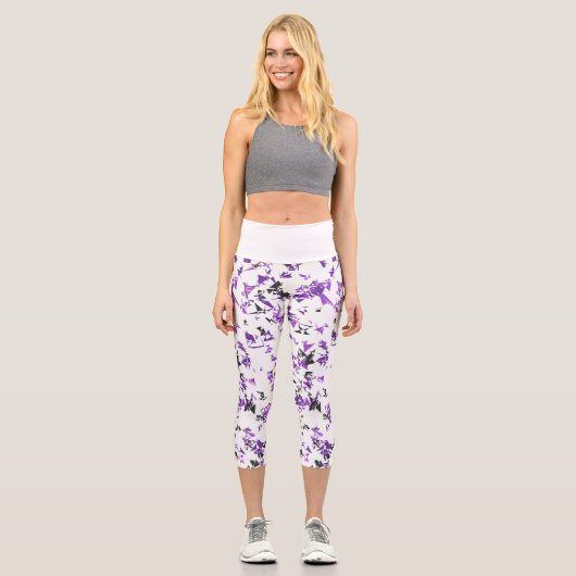 Mitternachtskrieger: Schwarz-lila Tarnhose Yoga Ca Capri Leggings (Vorderseite)