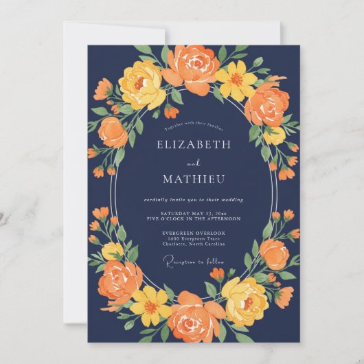 Mitternachtsorange Kranz Hochzeit Einladung (Vorderseite)