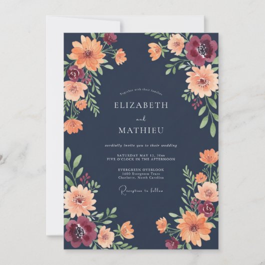 Mitternachtsorange-Wildflower-Hochzeit Einladung (Vorderseite)