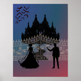 Mitternachtsromantische Fantasy-Burg und Ballkleid Poster