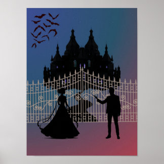 Mitternachtsromantische Fantasy-Burg und Ballkleid Poster