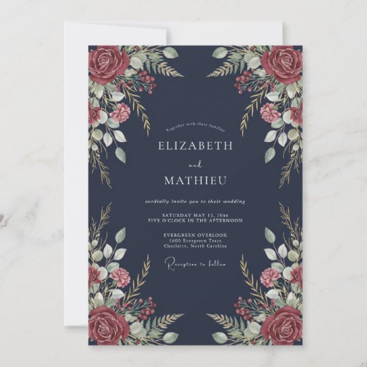 Mitternachtsrote-Petal-Hochzeit Einladung (Vorderseite)
