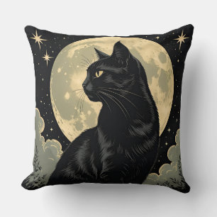 Mitternachtsschwarze Katze & Mond Vintage-Hallow Kissen