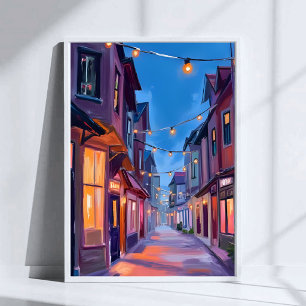 Mitternachtsspaziergang Stadtstraße Aquarellmale Poster