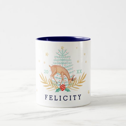 Mitternachtswald Rentier & Weihnachtsbaum Zweifarbige Tasse (Mittel)