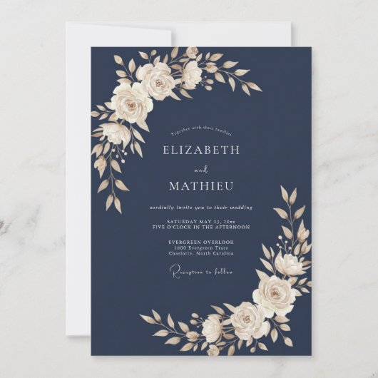 Mitternachtswarme Elfenbein-Blatt-Hochzeit Einladung (Vorderseite)