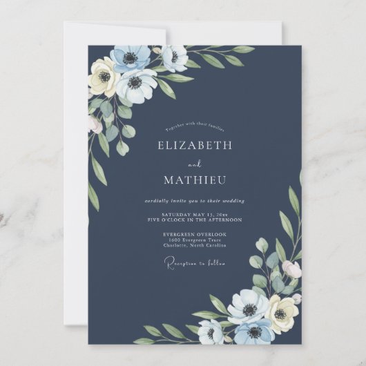 Mitternachtsweiße Anemonen-Hochzeit Einladung (Vorderseite)