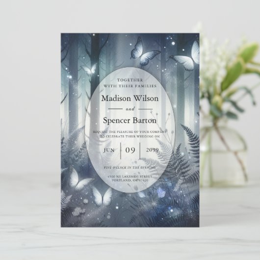 Mitternachtszauberei und Mondlicht-Wings-Hochzeit Einladung (Stehend Vorderseite)