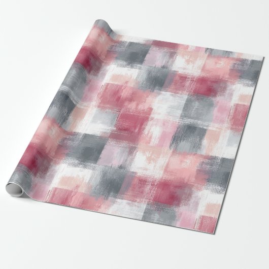 Mittlere Abstrakte Gingham Pink und Grau Geschenkpapier (Ungerollt)