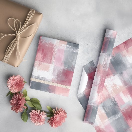 Mittlere Abstrakte Gingham Pink und Grau Geschenkpapier