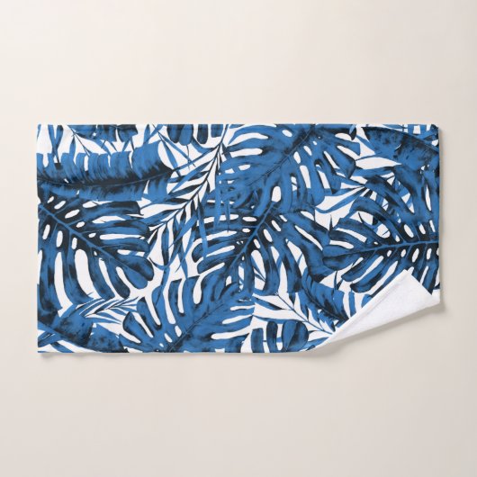 Mittlere Denim Blue Tropical Palm Blätter Island C Badhandtuch Set (Handtuch)