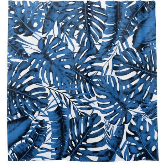 Mittlere Denim Blue Tropical Palm Blätter Island C Duschvorhang (Vorderseite)
