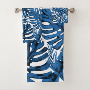 Mittlere Denimblaue Tropische Palmblätter Insel Ch Badhandtuch Set