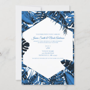 Mittlere Denimblaue Tropische Palmwedel Hochzeit Einladung