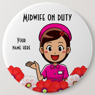 Mittlere Frau am Arbeitsplatz, Round Button