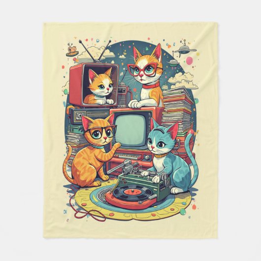 Mittlere Jahrhundertkatzen mit Retro-Platten & TV Fleecedecke (Vorderseite)