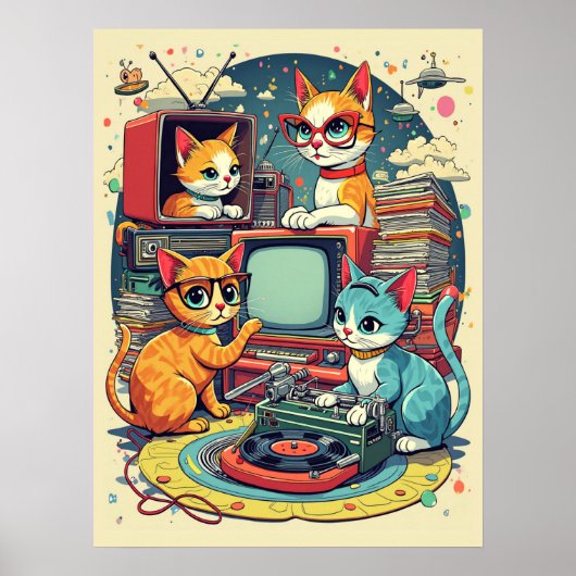 Mittlere Jahrhundertkatzen mit Retro-Platten & TV Poster (Vorne)