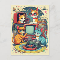 Mittlere Jahrhundertkatzen mit Retro-Platten & TV