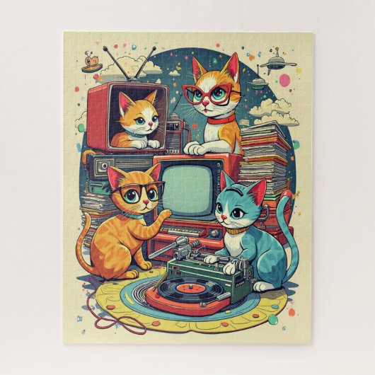 Mittlere Jahrhundertkatzen mit Retro-Platten & TV Puzzle (Vertikal)