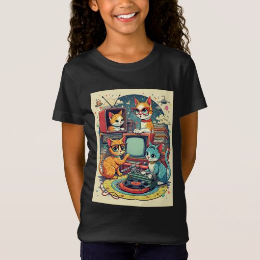 Mittlere Jahrhundertkatzen mit Retro-Platten & TV T-Shirt (Vorderseite)