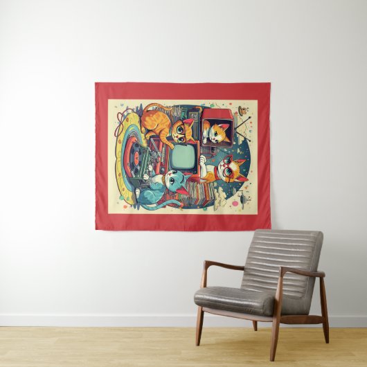 Mittlere Jahrhundertkatzen mit Retro-Platten & TV Wandteppich (Beispiel (Horizontal))