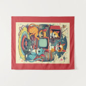 Mittlere Jahrhundertkatzen mit Retro-Platten & TV Wandteppich (Vorderseite (Horizontal))