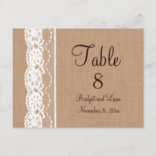 Mittlere Jute & Vintage-Spitzen-Tischnummer Postkarte