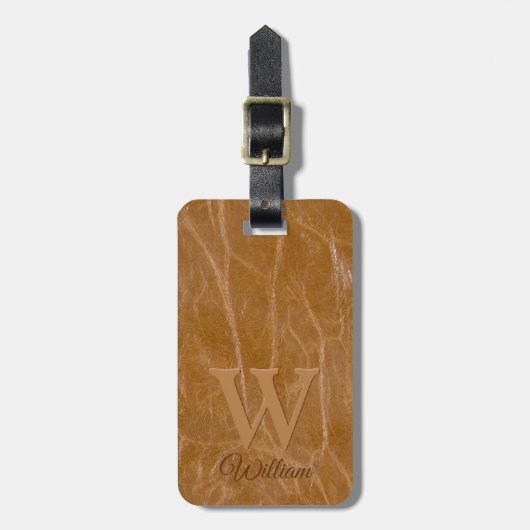 Mittlere Oak Brown Kuh Leder Textur Mit Monogramm Gepäckanhänger (Vorderseite vertikal)