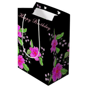 Mittlere rosa geblümte schwarze Geschenktüte