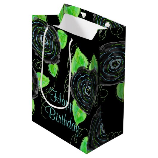 Mittlere schwarze Flower-Geschenktasche Mittlere Geschenktüte (Vorderseite Schrägansicht)