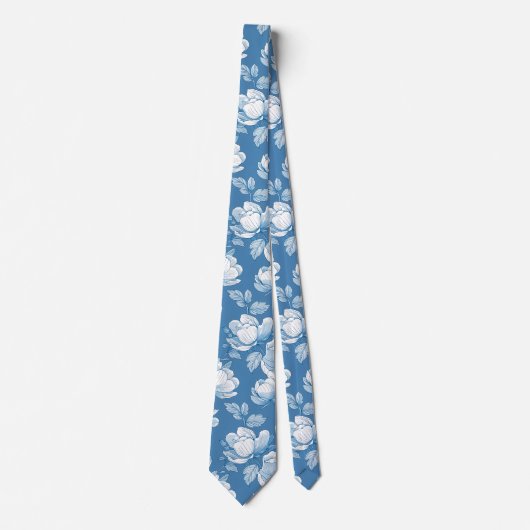 Mittleres Blau und Weiß Chinoiserie Blumen Krawatte (Vorderseite)