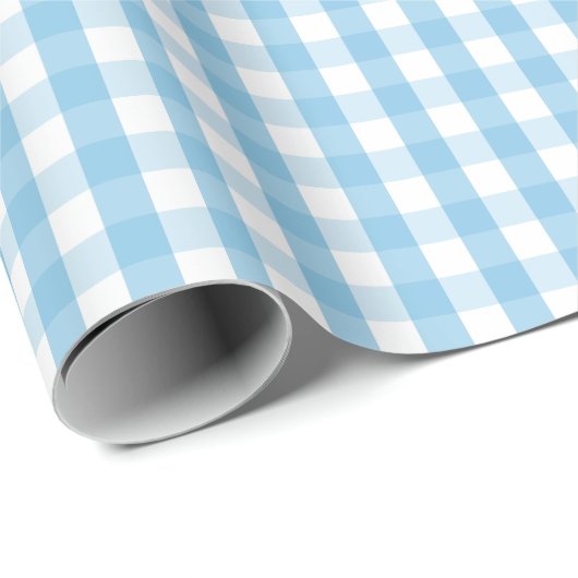 Mittleres hellblaues und weißes Gingham-Packpapier Geschenkpapier (Rolleneckpunkt)