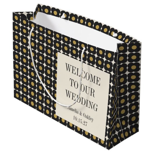 Mittleres Jahrhundert kühne Schwarzes Gold Blumenz Große Geschenktüte (Rückseite Schrägansicht)