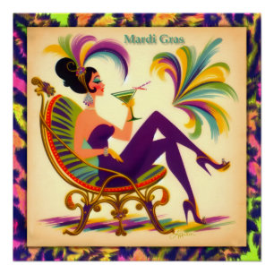 Mittsiebziger Mardi Gras Frau mit einem Martini Poster