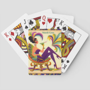 Mittsiebziger Mardi Gras Frau mit einem Martini Spielkarten