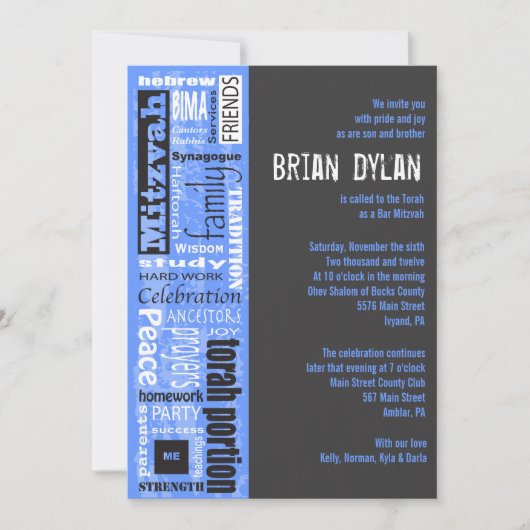 MITZVAH WORDS REDEWENDUNGEN Bar Bat Mitzvah Einlad Einladung (Vorderseite)