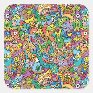 Mix aus lustigen Doodles in einem spielerischen Ka Quadratischer Aufkleber