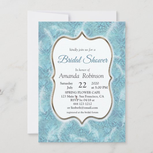 Mix Blue Pattern, Feathers & Gold Rahmen Einladung (Vorderseite)