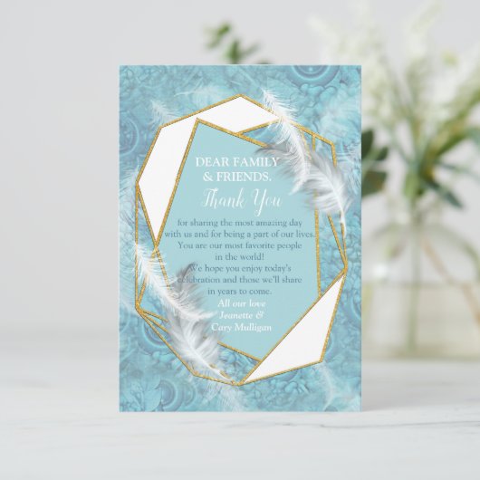 Mix Blue Pattern, Feathers & Gold Rahmen RSVP Karte (Stehend Vorderseite)