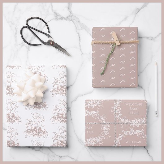 Mix Match Birds Nest Individuelle Name Pink Baby D Geschenkpapier Set